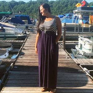 Sleeveless Navy Stripe Side-Tie Tank Maxi Dresses